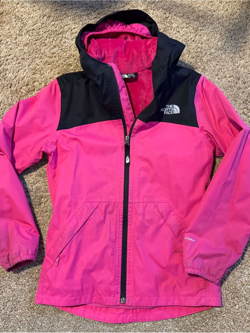 The North Face Hot Pink and Black Hooded Rain Jacket - Kids